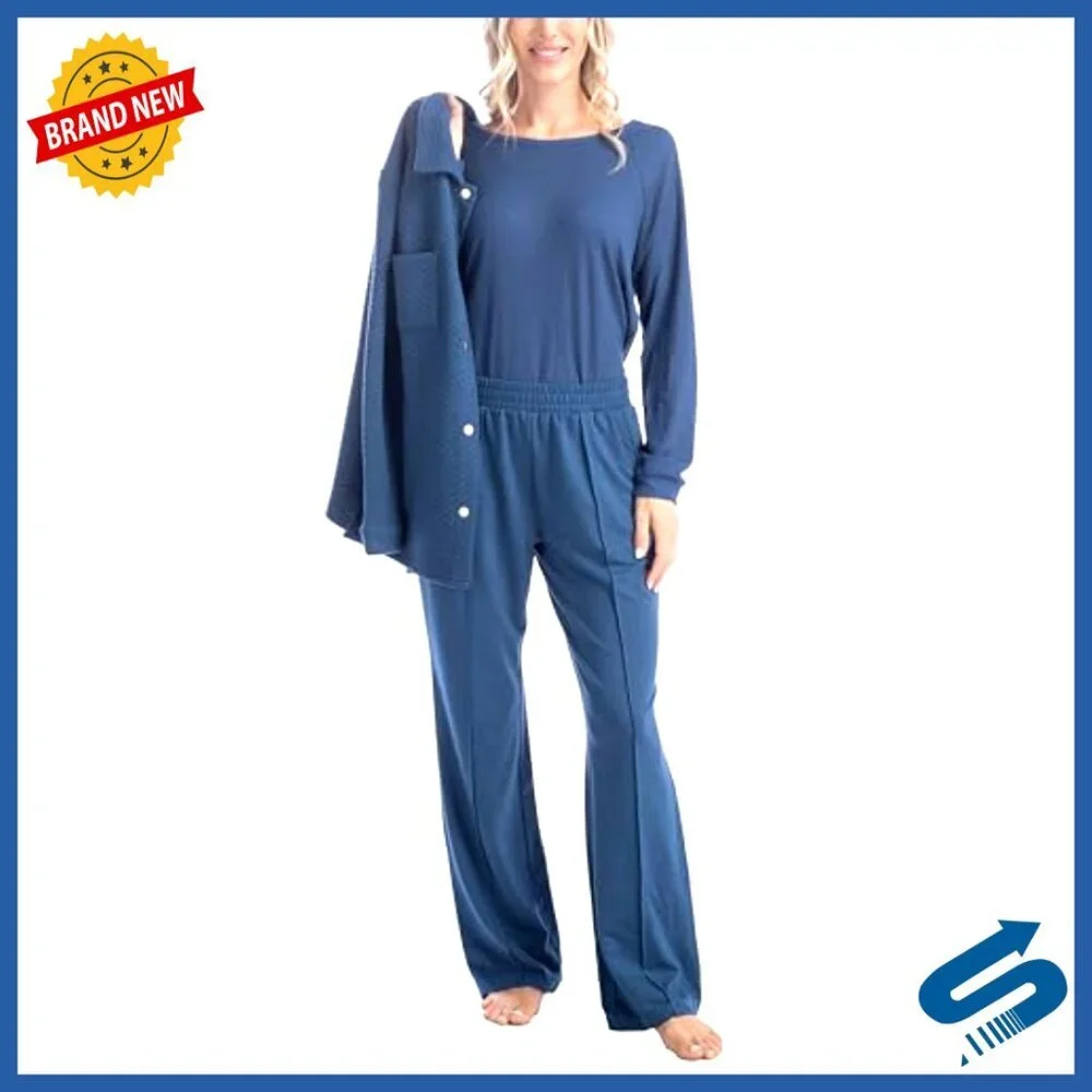 3-Piece Lounge Set with Quilted Shacket, Pajama Pants, Long Sleeve Top